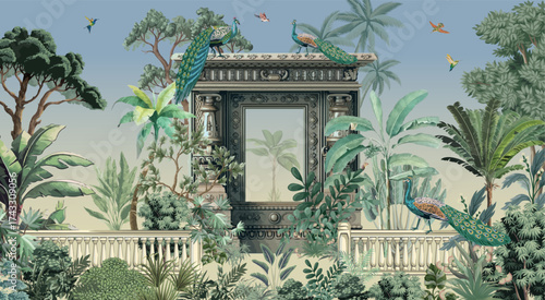 Mughal Garden Illustration, Mughal Mural Wallpaper, Peacock, Birds, Watercolor Background.