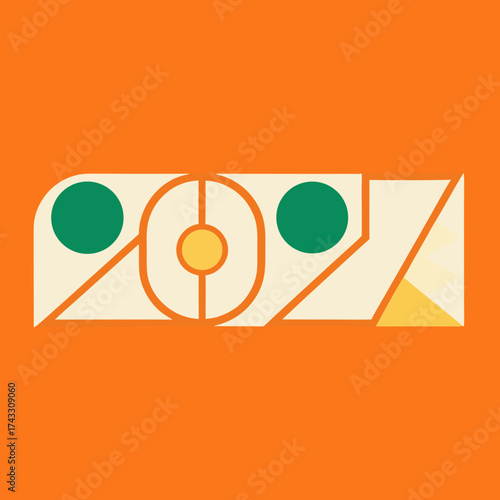 Abstract geometric design with numbers 2027 in cream and green on orange background vector illustration