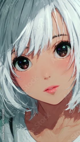 Portrait of a young anime-style character with silver hair and large expressive eyes