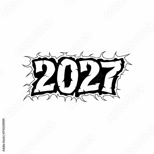 Black and white 2027 text with jagged edges on white background numbers digits
