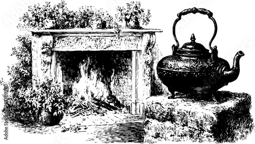 Vintage teapot beside a fireplace in an antique setting. Hand-drawn vector illustration with intricate details in a cozy home set.