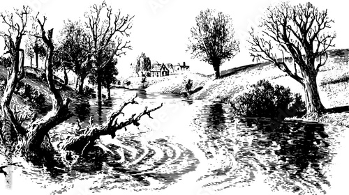 Engraving of a tranquil lake scene featuring trees and a house by the water. Vintage black outline vector illustration showcasing nature's scenic elements.