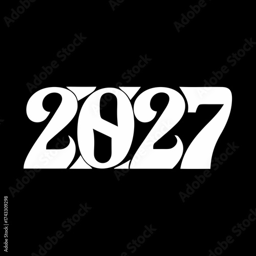 White 2027 numbers with a retro wavy font style on a black background year
