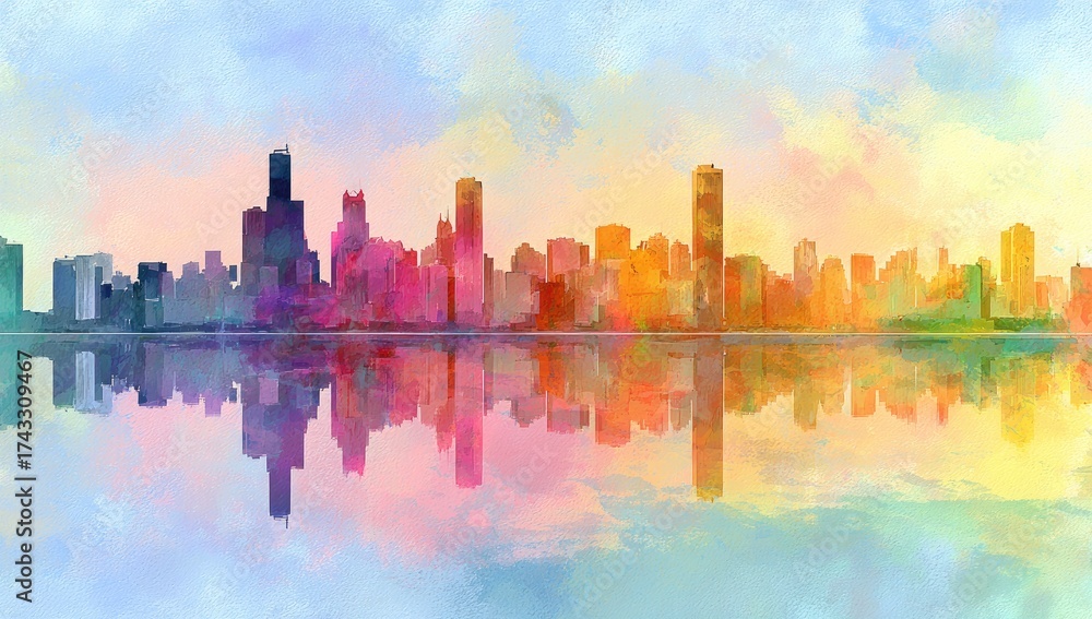 Fototapeta premium Colorful cityscape skyline reflected in water, painted effect