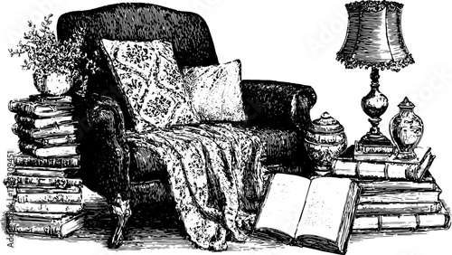 Vintage furniture set featuring a chair, lamp, and books. The hand-drawn vector illustration captures cozy home decor elements in a classic design.