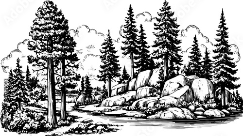 Trees and rocks in a vintage engraving style. This black vector illustration captures a serene wilderness landscape with a river.