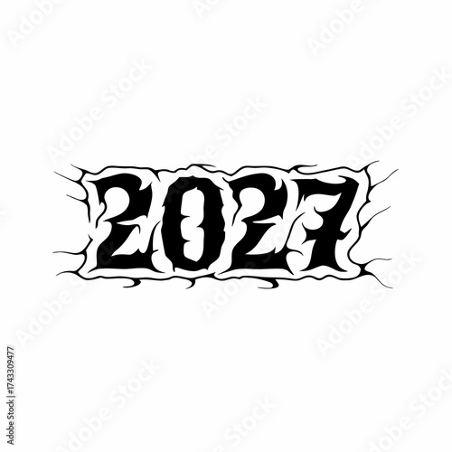 Black gothic style numbers 2027 with jagged edges on a white background year