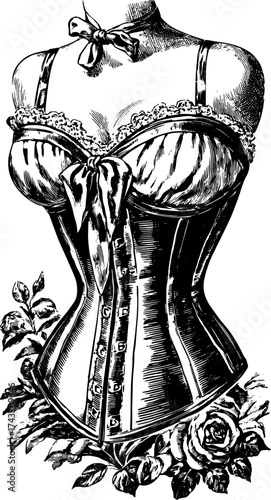 Corsets engraving with vintage style. Hand-drawn design features floral details in black, perfect for apparel vector illustration.