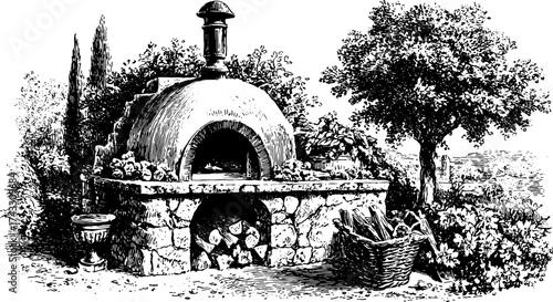 Vintage stone oven with a wood fireplace. Hand-drawn illustration set in a garden. This art showcases a rustic cooking environment in vector style.