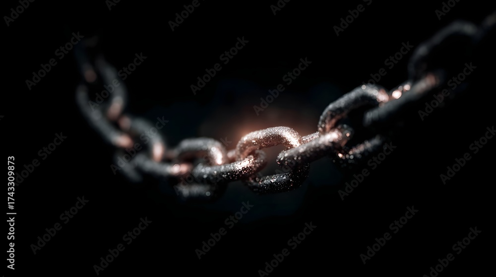 Fototapeta premium A single chain link glows with warm light against a dark mysterious background