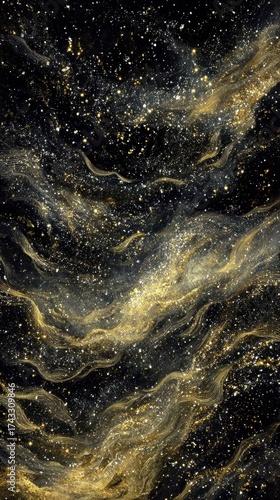 Abstract cosmic scene with swirling golden nebulae and starry black background