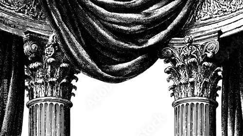Corinthian columns with ornate capitals and draped curtain. Classic architectural detail in vintage vector illustration.