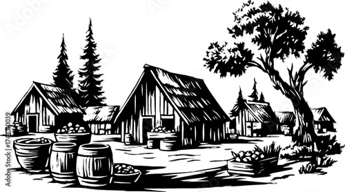 Farm village illustration featuring cottages, trees, and barrels. Black and white vector art design showcases a rural landscape in a set.
