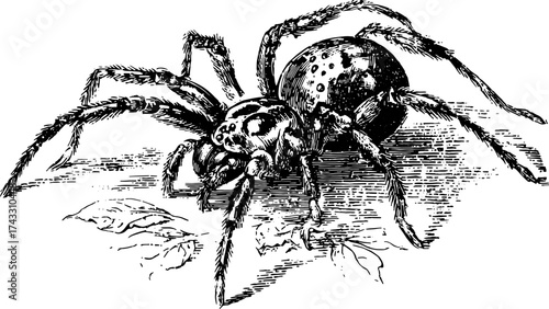 Spider engraving in an antique style. Realistic black and white line illustration set featuring detailed texture and classic design.