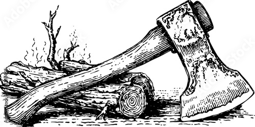 Axe and log silhouette in vintage style. Hand-drawn vector illustration of outdoor equipment for woodwork or camping set.