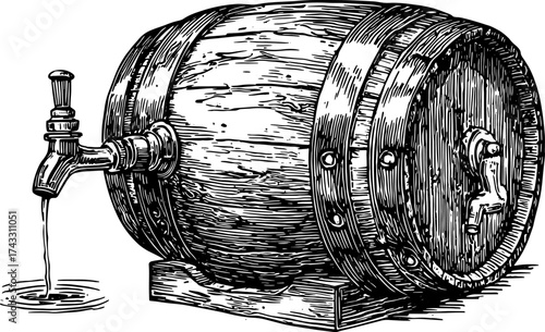 Barrel with tap in handdrawn engraving style. Wooden cask with detailed linework for beer, wine, or whiskey vector illustration.