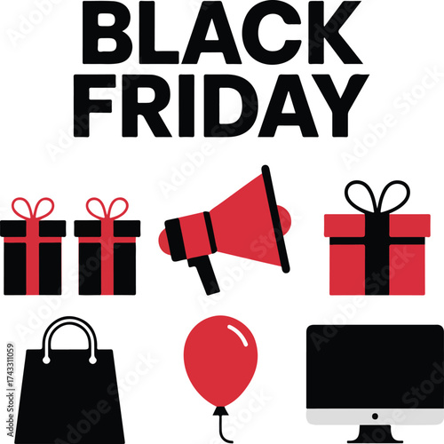 Friday deals illustration with gifts speaker balloon and shopping items