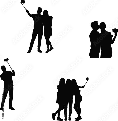 Silhouette people taking selfies, friends posing with selfie stick, group photo moment, modern social media lifestyle, smartphone photography trend illustration