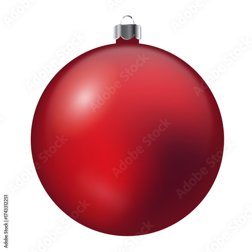 Elegant red Christmas ornament, its sphere subtly shaded, hangs against black backdrop.