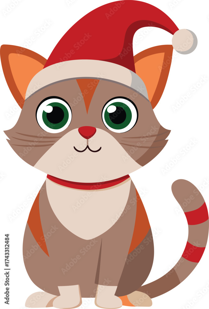 Fototapeta premium Cartoon cat wearing red Santa hat and red collar kitten
