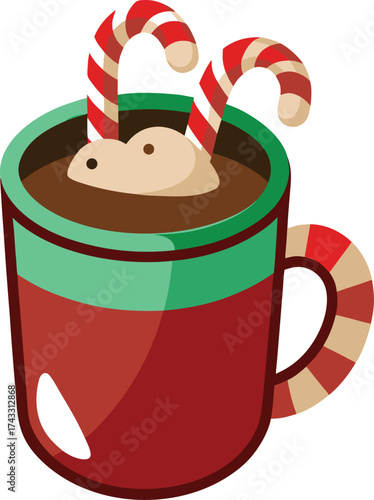 Red mug with green trim filled with hot chocolate and candy canes