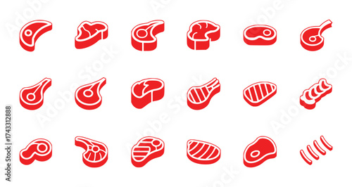 Collection of Red Meat Cut Icons in Isometric View