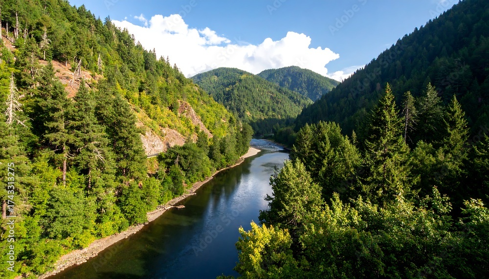 Fototapeta premium River winds through forested valley beneath skies