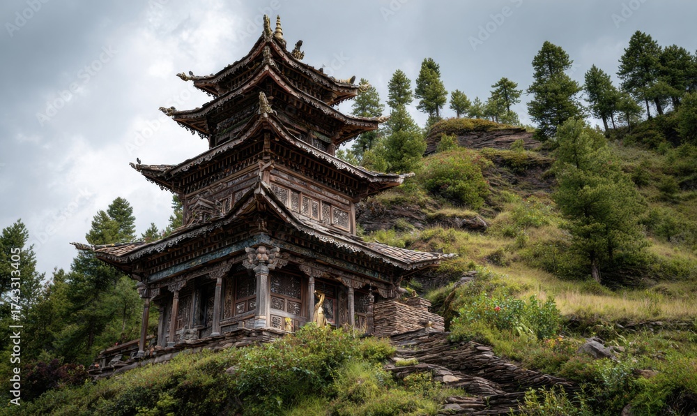 Fototapeta premium Ancient Temple Perched on a Lush Green Hillside Under Cloudy Skies.