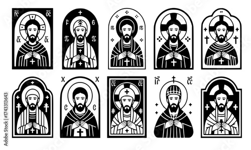 Ethiopian Orthodox Icon Silhouette Vector Set — 10 Traditional Christian Religious Designs in Black Solid Style