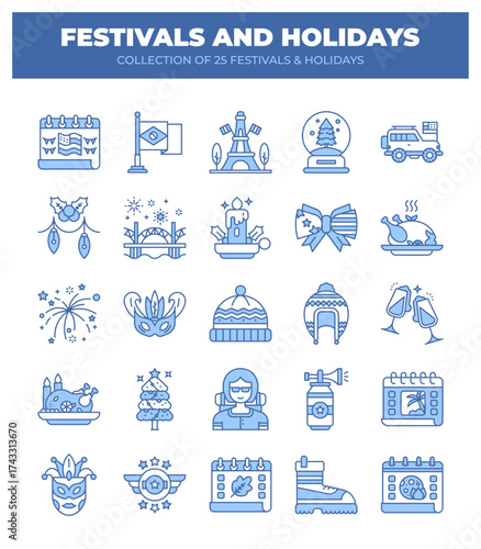 Collection of 25 Festivals and Holidays. Icons and Symbols
