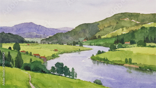 Scenic River Landscape: A breathtaking watercolor painting captures the tranquility of a winding river as it meanders through a picturesque valley, flanked by rolling hills, lush meadows.
