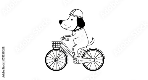 Whimsical illustration of a cheerful dog riding a bicycle with helmet on white background