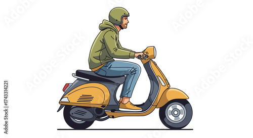 Illustration of a man riding a yellow retro scooter wearing helmet and casual clothing, ready for