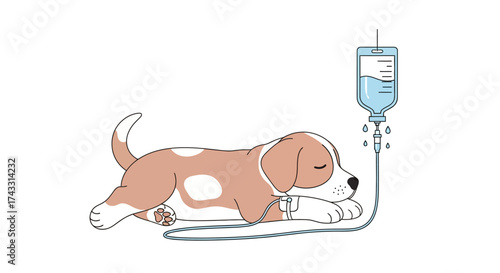 Illustration of a sick puppy with an IV drip recovering on a white background concept recovery