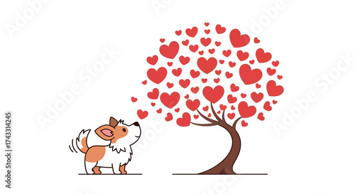 Adorable corgi admiring a love tree brimming with affection and happiness expressing a sweet and