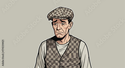 Illustration of a melancholic mature man wearing a checkered cap and vest against a neutral
