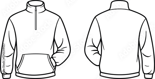 Technical flat sketch of pullover sweatshirt front and back view, high collar half zip, kangaroo pocket, cuffed sleeves, apparel design template