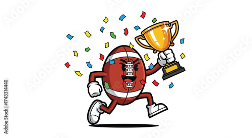 American football character winning a trophy surrounded by confetti celebration moment