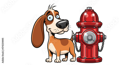 Funny cartoon dog character standing near a vibrant red fire hydrant on white background