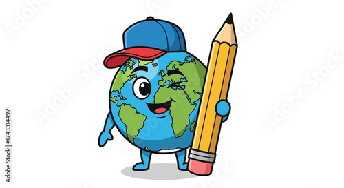 Cartoon Earth Character Holding a Pencil Ready to Draw a Better Future for the Planet