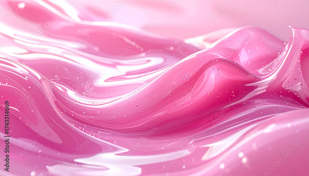 Obraz premium Glossy pink liquid serum with wavy flow texture, abstract background featuring smooth reflective surface and soft highlights, creating dreamy and elegant atmosphere