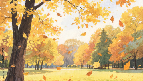 Autumnal Serenity: A picturesque autumn scene unfolds with vibrant trees shedding golden leaves in a serene park, capturing the essence of the season's beauty.