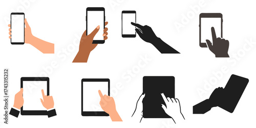 Set of different angles hand holding mobile phone svg vector file on transparent background.