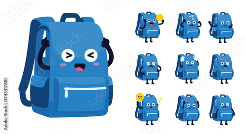 A set of cute blue backpacks with various expressive faces.