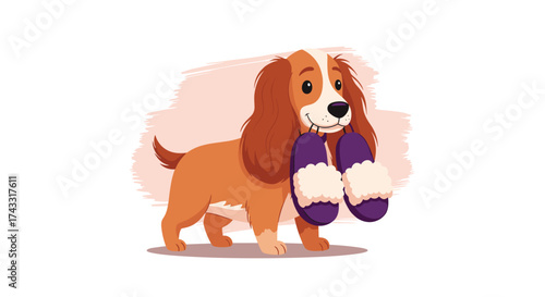 A happy cocker spaniel dog carries fuzzy slippers in its mouth.