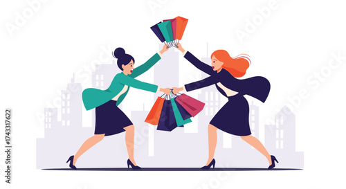 Two women are fighting over shopping bags. Women are pulling shopping bags.