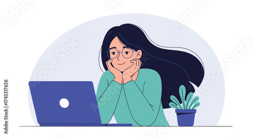Young woman with glasses looking thoughtfully at a laptop screen while resting her chin on her hands.