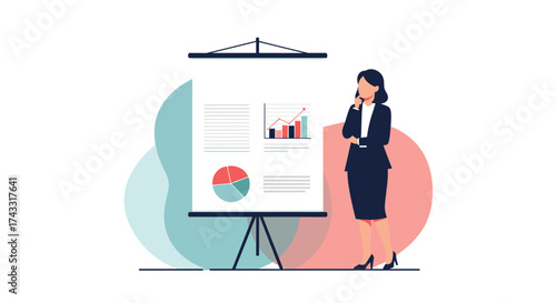 Businesswoman presenting financial data charts and graphs during a meeting.