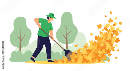 Man raking piles of fallen autumn leaves in a park.
