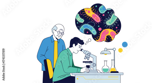 Two scientists observing microorganisms under a microscope with a thought bubble illustrating colorful bacteria and cells.